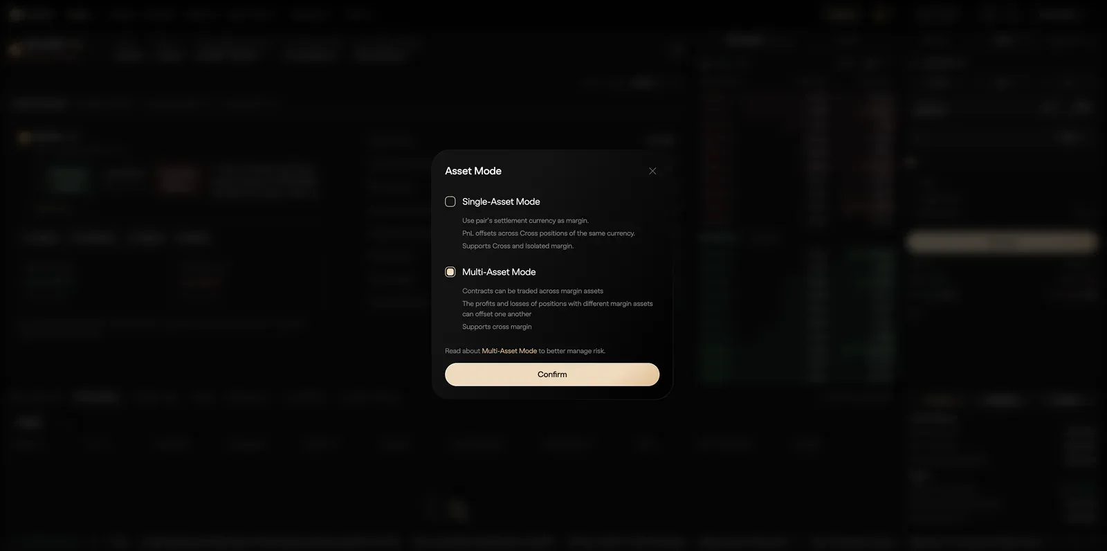 Aster Asset Mode dialog offering Single-Asset Mode (use the pair's settlement currency as margin, PnL offsets across cross positions of the same currency) and Multi-Asset Mode (trade across margin assets, whose PnL can offset one another)