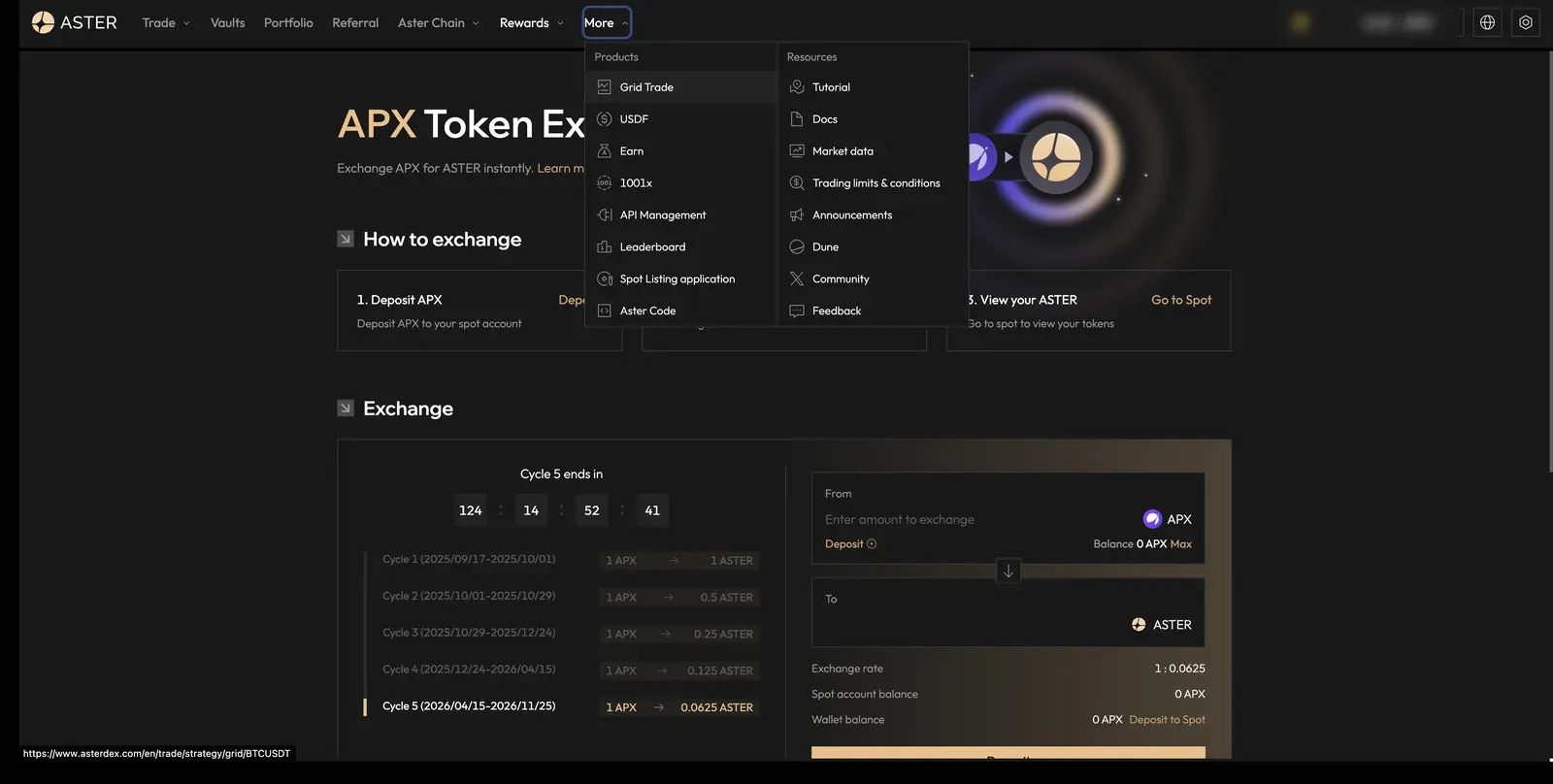 Aster 'More' menu listing products (Grid Trade, USDF, Earn, 1001x, API Management, Leaderboard, Spot Listing application, Aster Code) and resources (Tutorial, Docs, Market data, Trading limits, Announcements, Dune, Community, Feedback), over an APX-to-ASTER token exchange page