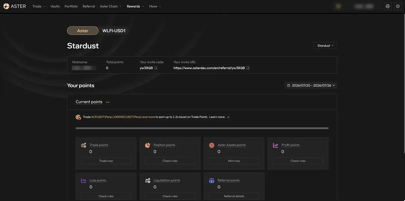 Aster Stardust points page breaking points into Trade, Position, Aster Assets, Profit, Loss, Liquidation, and Referral categories, with an invite code and invite URL