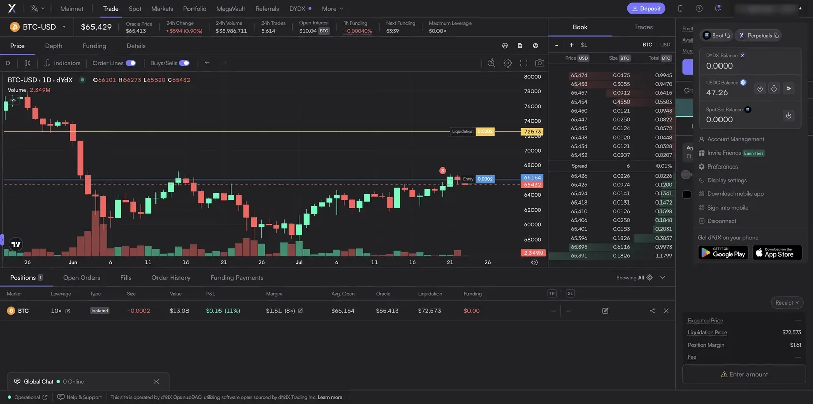 dYdX account dropdown with a Spot/Perpetuals toggle, showing DYDX balance, USDC balance, and a separate Spot SOL balance, plus account management and preferences links