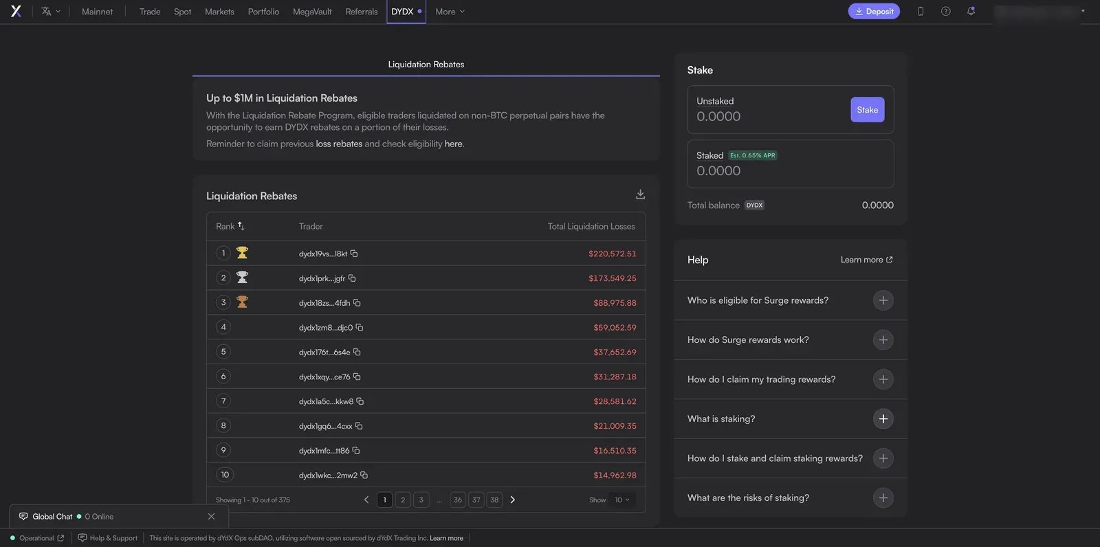 dYdX DYDX token page: a Liquidation Rebates program offering up to $1M in DYDX rebates for traders liquidated on non-BTC pairs, and a Stake panel for staking DYDX at an estimated APR