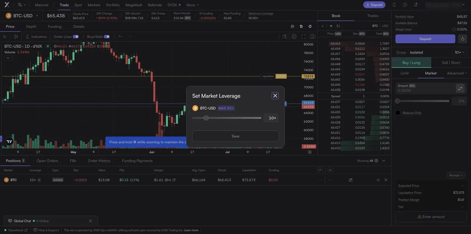 dYdX Set Market Leverage dialog for BTC-USD showing a slider from 1x to a MAX of 50x, set at 10x, with a Save button