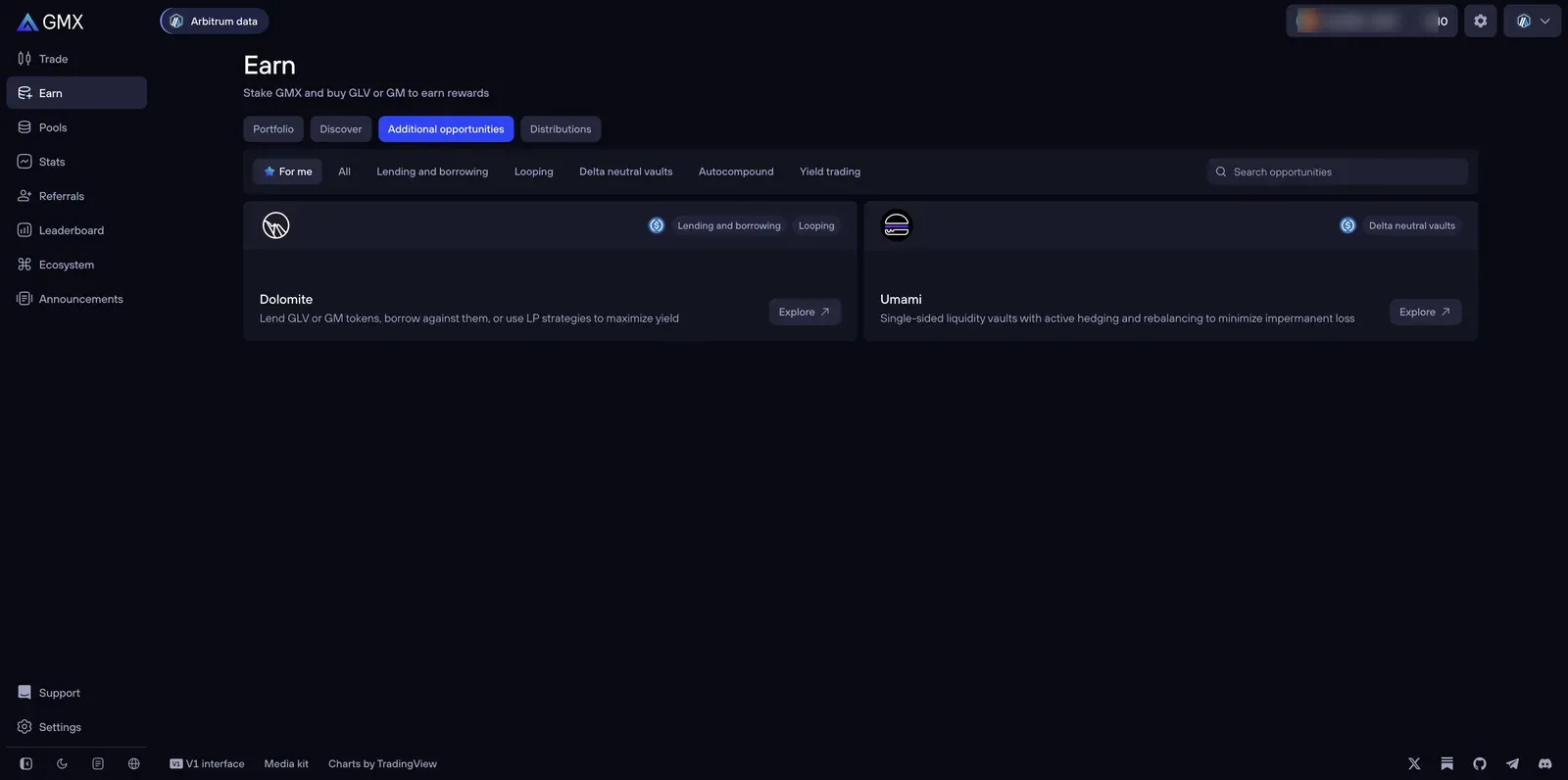 GMX Earn 'Additional opportunities' tab listing third-party protocols — Dolomite (lending and borrowing, looping) and Umami (delta-neutral vaults) — built on top of GMX's GM and GLV tokens