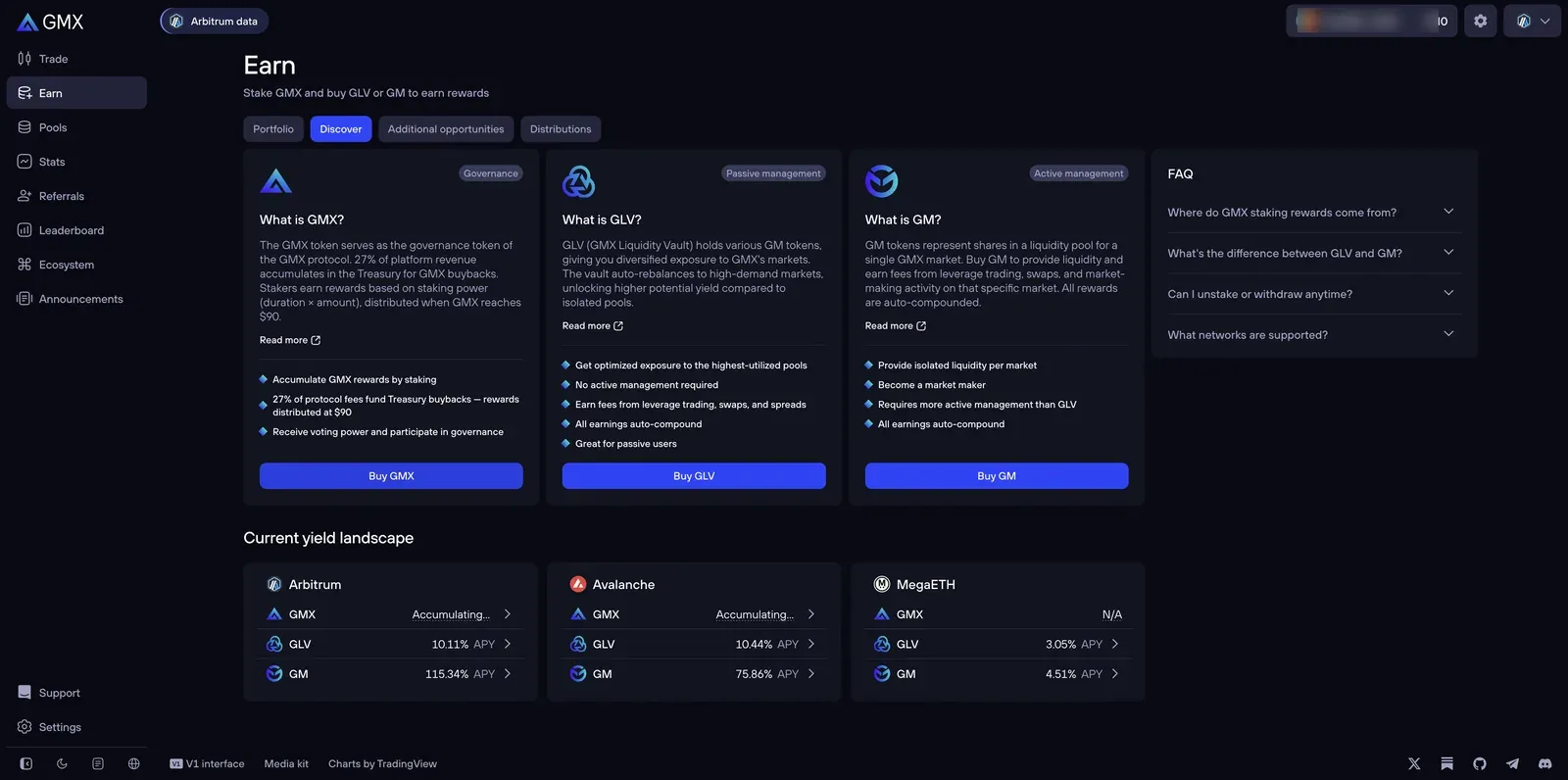 GMX Earn Discover page with three cards — What is GMX (governance token, 27% of revenue funds buybacks), What is GLV (a vault holding multiple GM tokens, passive), What is GM (shares in a single market's pool, active) — plus a current yield landscape across Arbitrum, Avalanche, and MegaETH