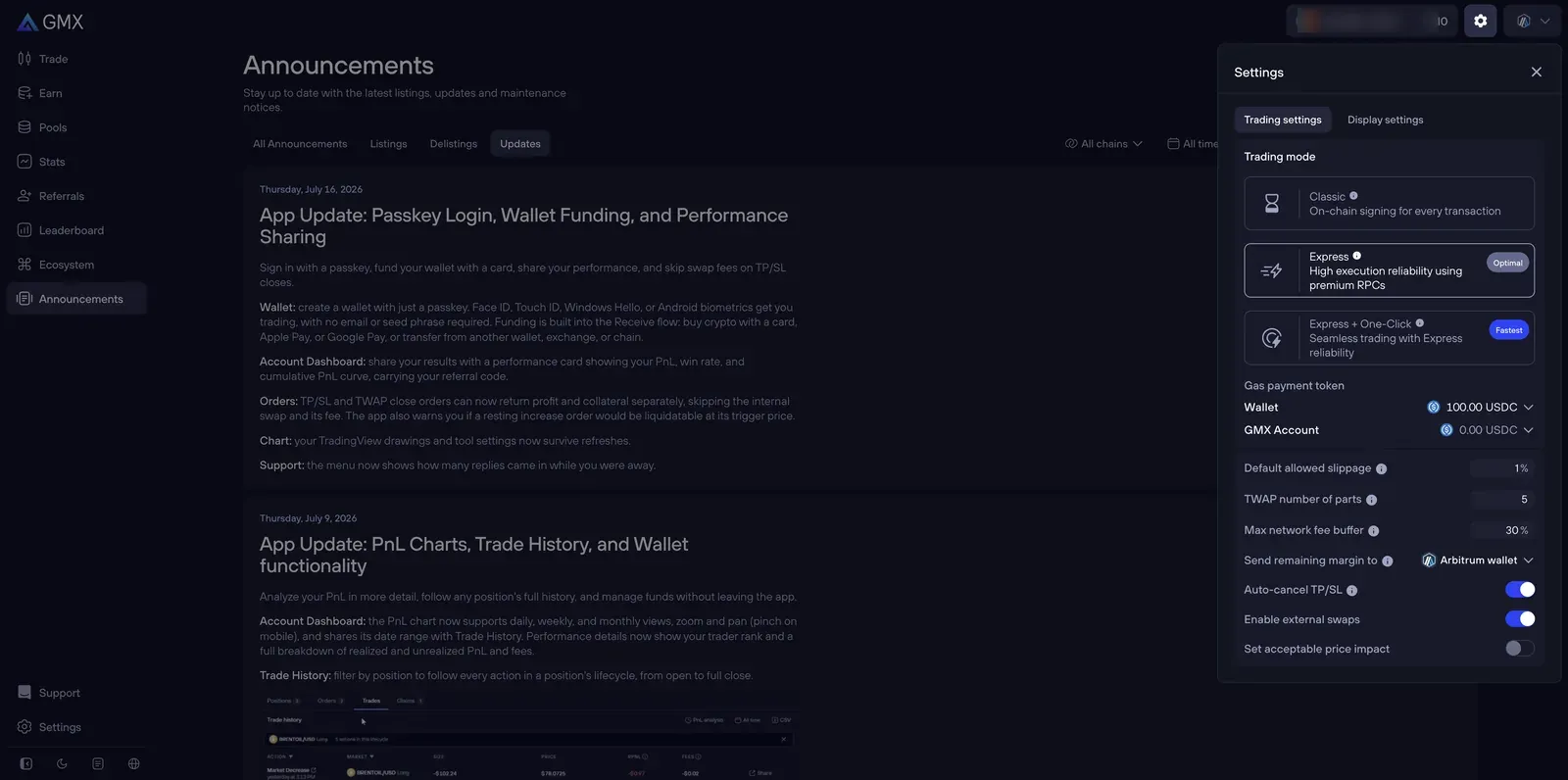 GMX trading settings panel showing three trading modes — Classic (on-chain signing every transaction), Express (high execution reliability using premium RPCs, marked Optimal), and Express + One-Click (marked Fastest) — plus gas payment token, slippage, and TWAP part settings