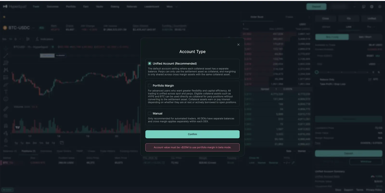 Hyperliquid account type dialog: Unified Account (recommended, per-asset balances shared between spot and perps), Portfolio Margin (unified trading across spot and perps with collateral assets like HYPE and BTC usable directly), and Manual (separate balances, for automated traders)