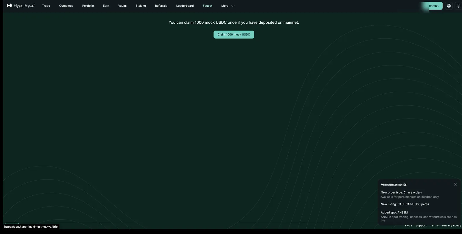 Hyperliquid testnet faucet page offering a one-time claim of 1000 mock USDC for addresses that have deposited on mainnet