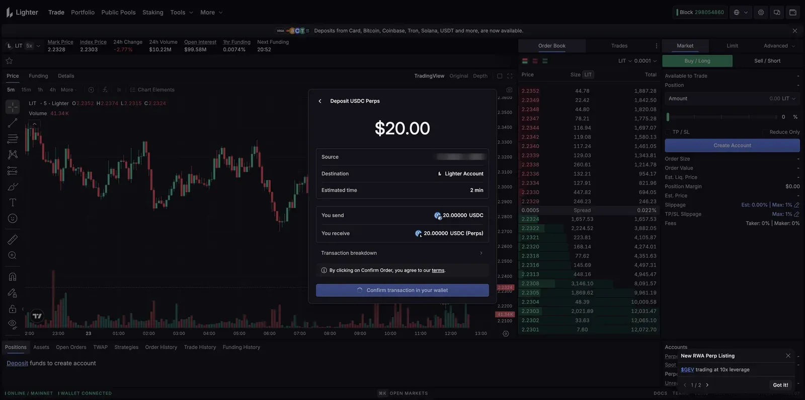 Lighter deposit dialog showing a 20 USDC deposit from a wallet to the Lighter perps account with a Create Account button, and a 'Deposit funds to create account' prompt in the positions area