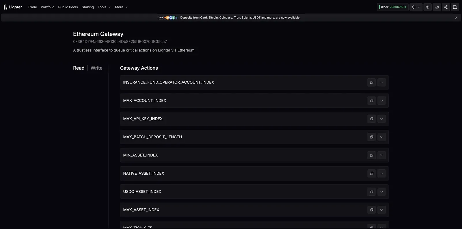 Lighter Ethereum Gateway page described as a trustless interface to queue critical actions on Lighter via Ethereum, listing Read and Write gateway actions and contract parameters