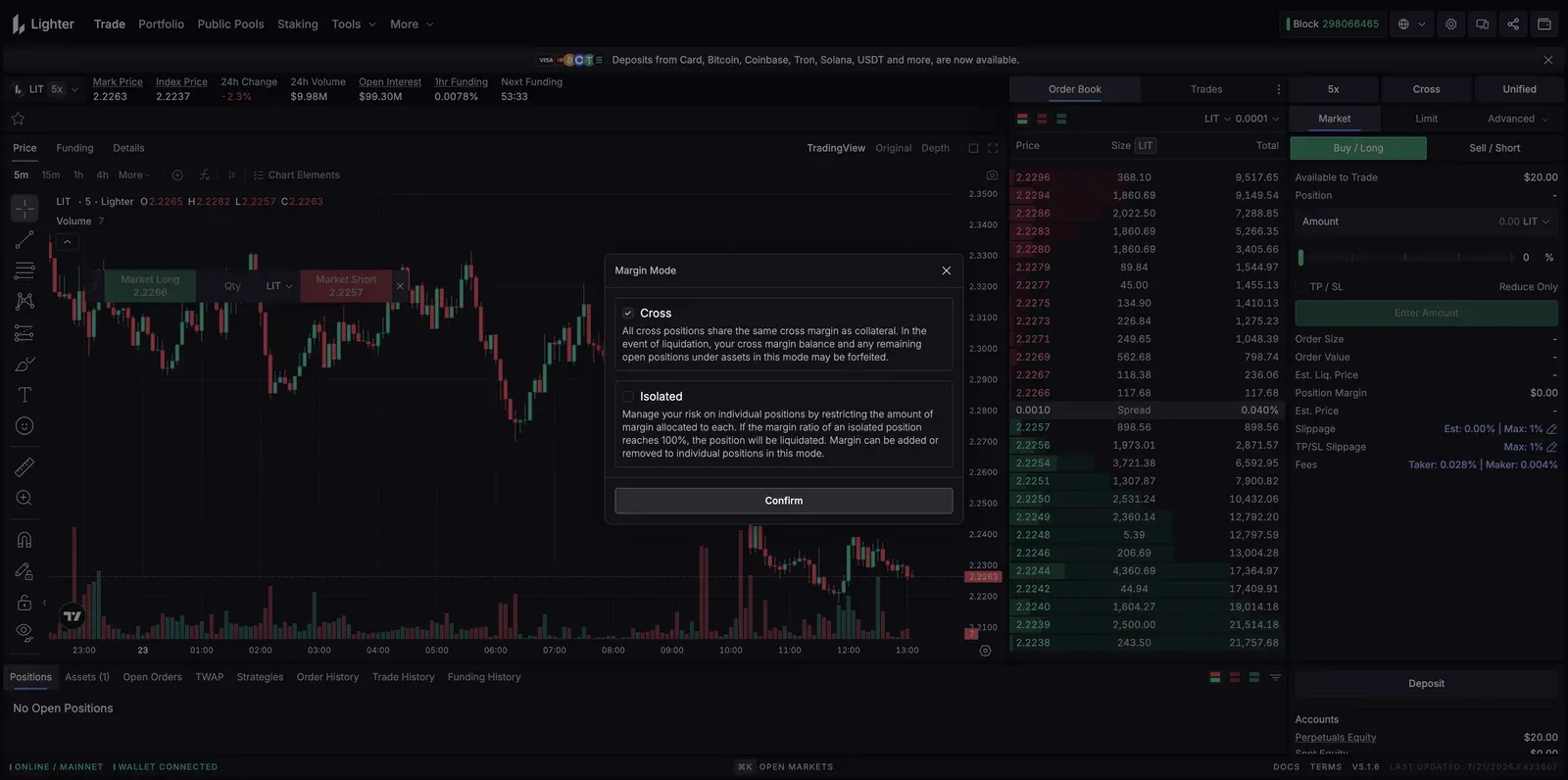 Lighter Margin Mode dialog explaining Cross (all cross positions share the same cross margin as collateral; on liquidation the cross balance may be forfeited) and Isolated (margin restricted per position; liquidated when that position's margin ratio reaches 100%)