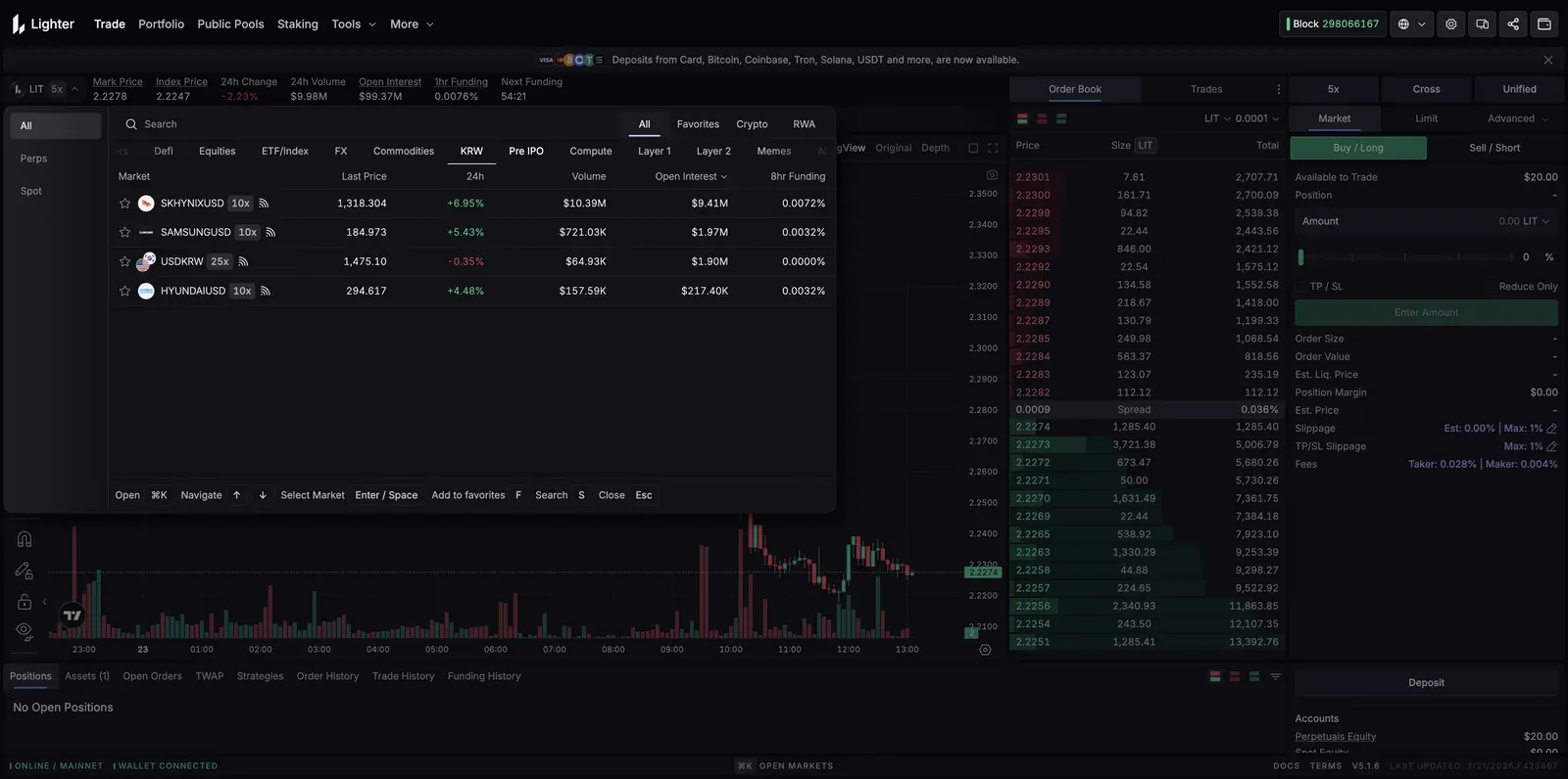 Lighter market selector with category tabs including Defi, Equities, ETF/Index, FX, Commodities, KRW, Pre IPO, Compute, Layer1, Layer2, Memes, and AI; showing real-world-asset markets like SK Hynix, Samsung, USD/KRW, and Hyundai alongside crypto