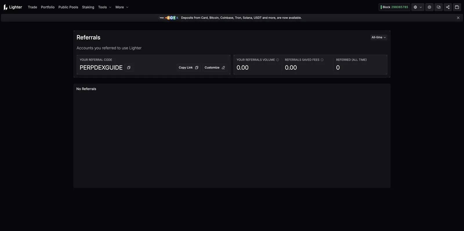 Lighter referrals page showing a referral code, referrals volume, referrals saved fees, and referred count, with copy-link and customize buttons
