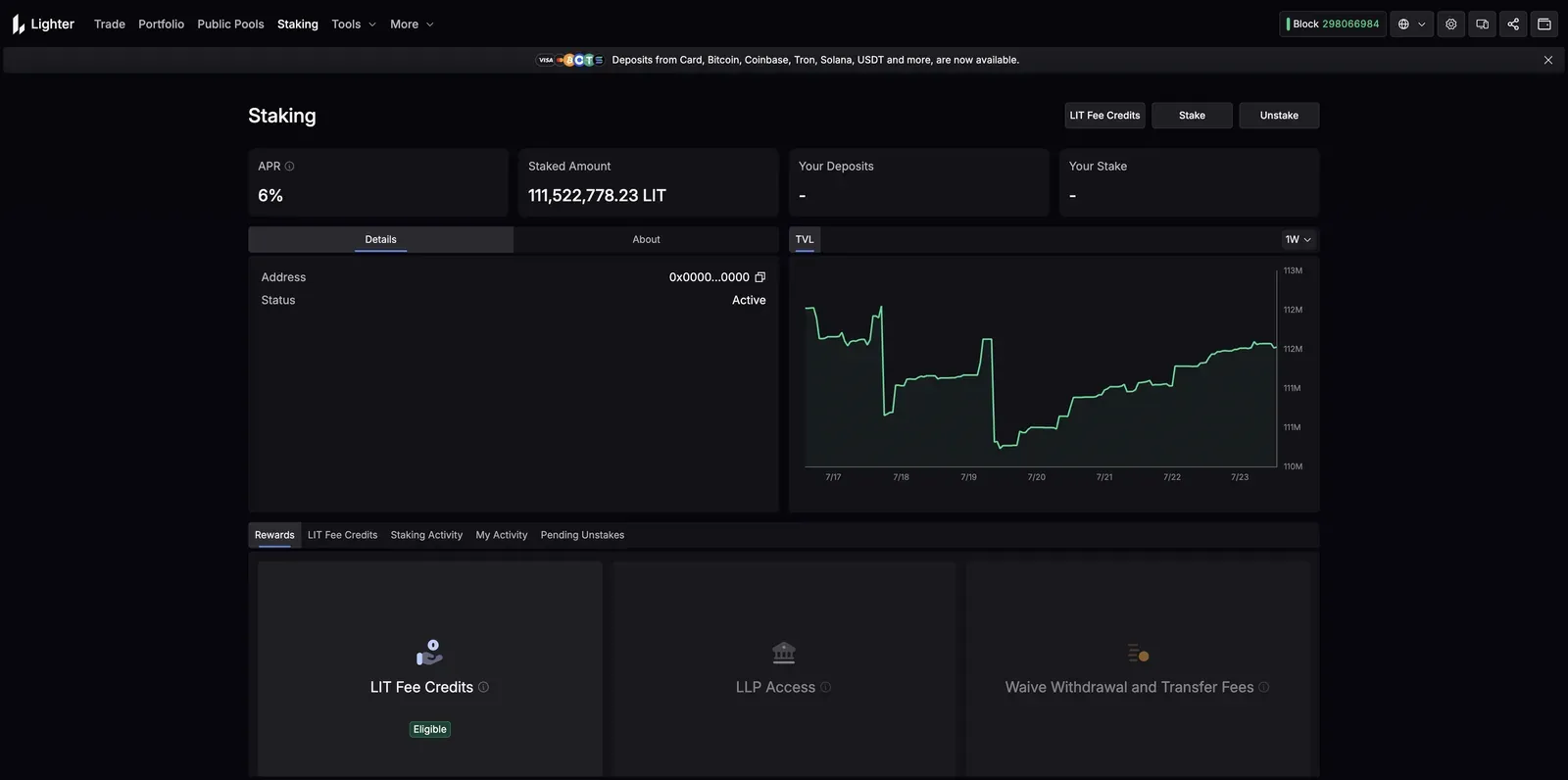 Lighter staking page showing a 6% APR, total staked amount, a TVL chart, and reward categories including LIT Fee Credits, LLP Access, and Waive Withdrawal and Transfer Fees